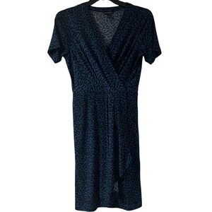 Banana Republic Blue Black Leopard Print Faux Wrap Knee Length Dress Size Small